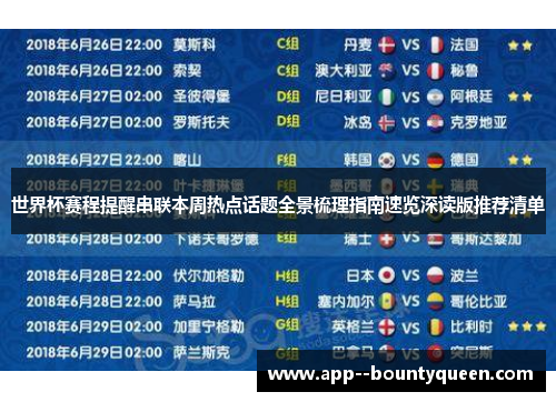 世界杯赛程提醒串联本周热点话题全景梳理指南速览深读版推荐清单